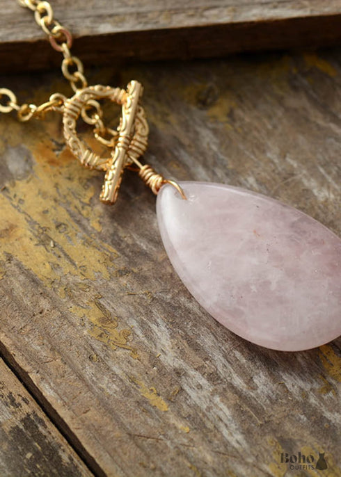 Boho Necklace, Lariat Rose Quartz